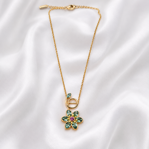 05CH0450 Teal & Pink Floral Pendant Necklace