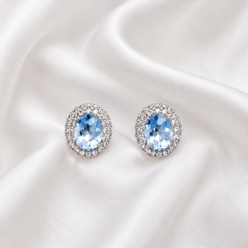 Blue Oval Halo Stud Earrings