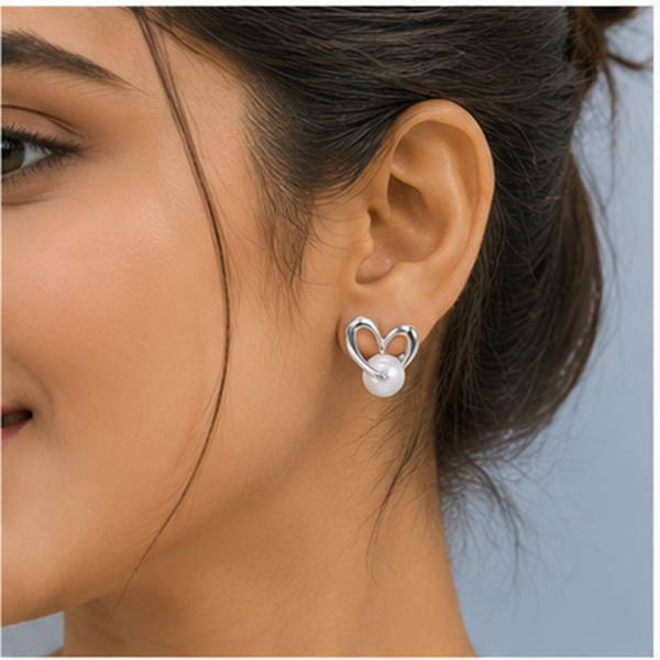 Silver Heart Pearl Studs